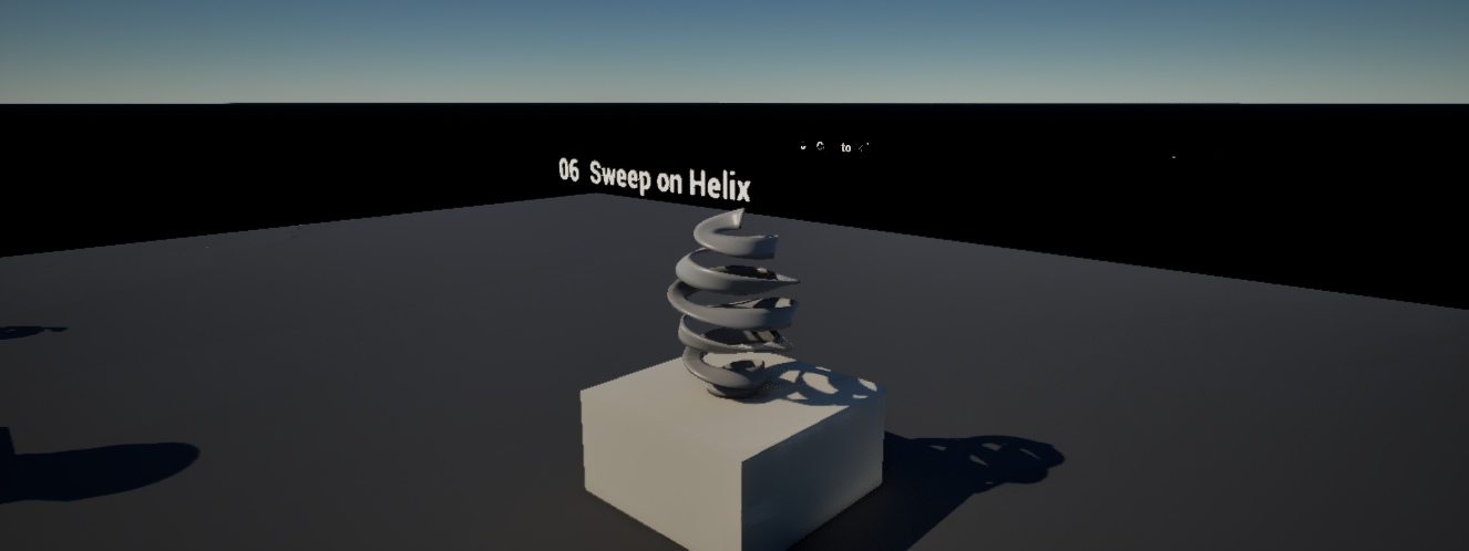 A grey ribbon wound into a helix on a plinth in an Unreal test scene, made with a Houdini sweep.